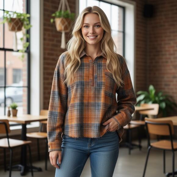 POL raw edges oversized orange and brown button up size Large - Picture 1 of 7